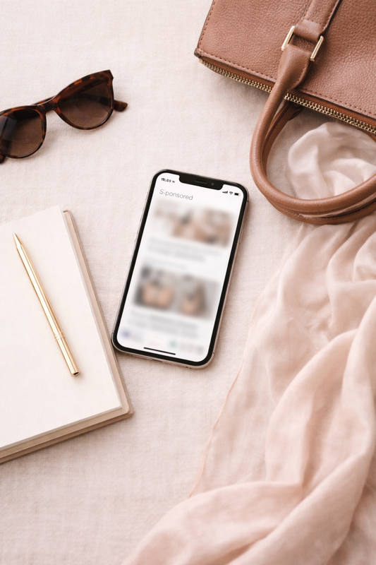 Minimal blush-toned flat lay with smartphone displaying blurred social media feed, representing online influence and advertising.