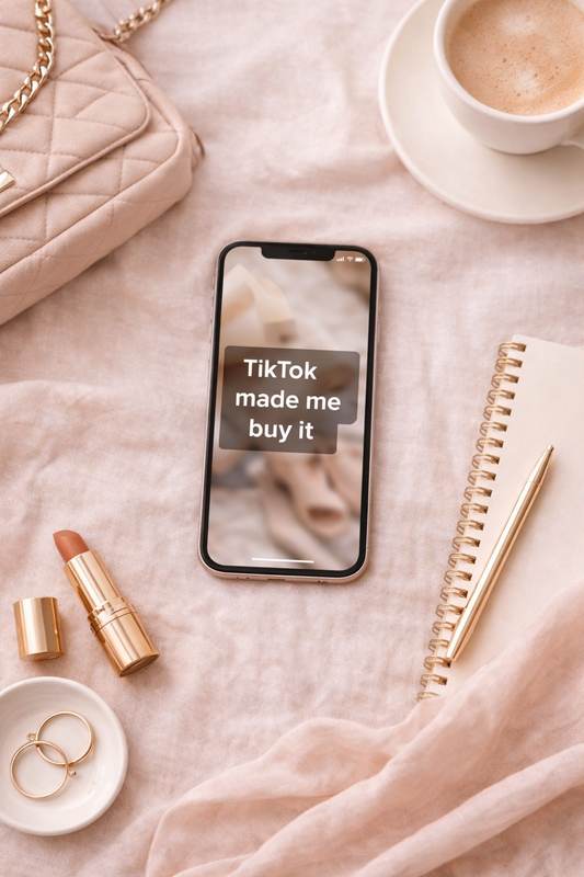 Flat lay of neutral fashion items representing mindful shopping and social media influence.