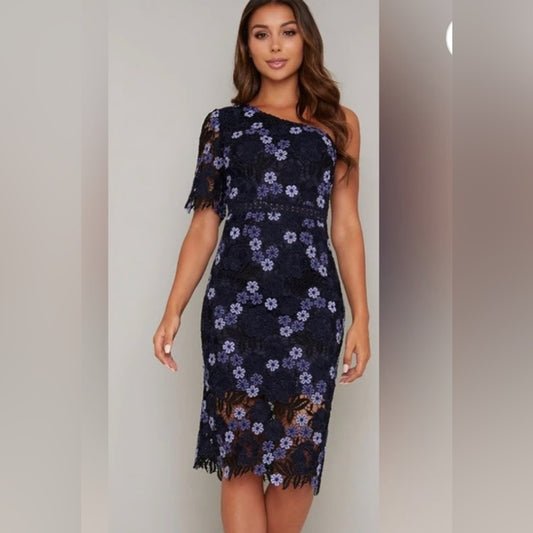 Chi Chi London Black and Purple Floral One-Shoulder Dress UK Size 6